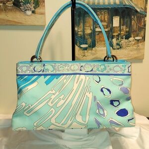 EMILIO PUCCI-Vintage authentic Pucci print Blue,Turquoise Canvas & Leather bag